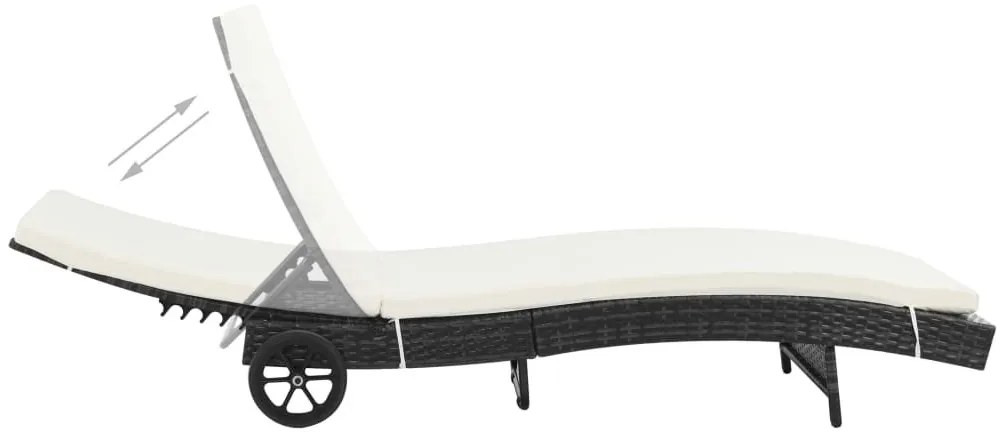 Fekete polyrattan napozóágy párnával és kerekekkel
