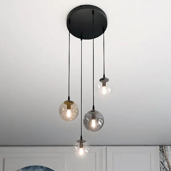 Csillár zsinóron COSMO 4xE14/10W/230V átm. 40 cm fekete/szürke/bézs/átlátszó