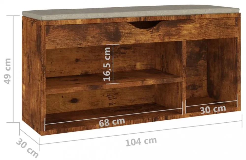 füstölt tölgy színű cipőtároló pad párnával 104 x 30 x 49 cm