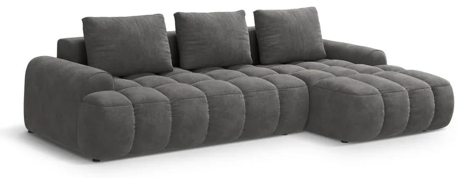 Szürke bársony kinyitható-tárolóhelyes sarokkanapé (jobb oldali-heverő résszel) Linz – Cosmopolitan Design