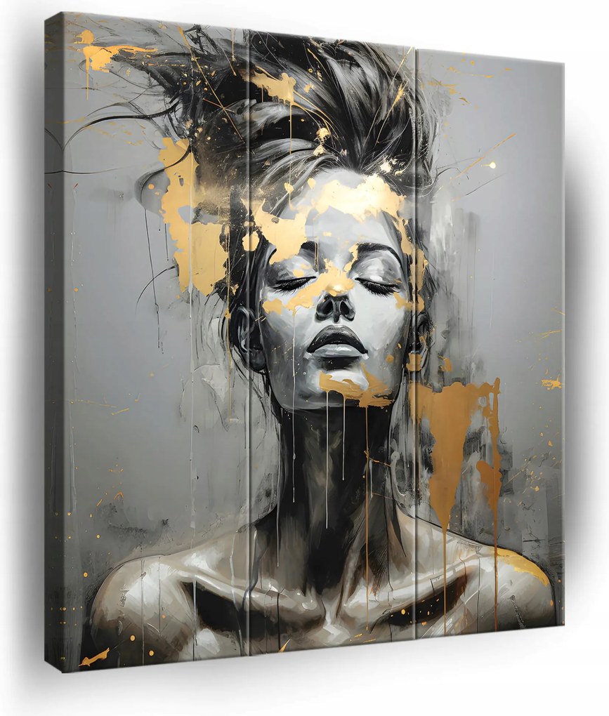 Vászonkép Triptichon Nő Szürke Arany Vászon Fal 3 Részes Nappali 90x100