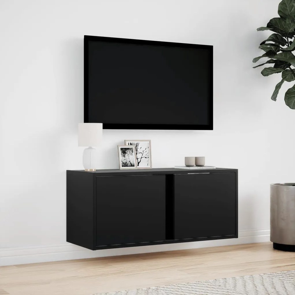 fekete fali TV-szekrény LED-világítással 80x31x35 cm