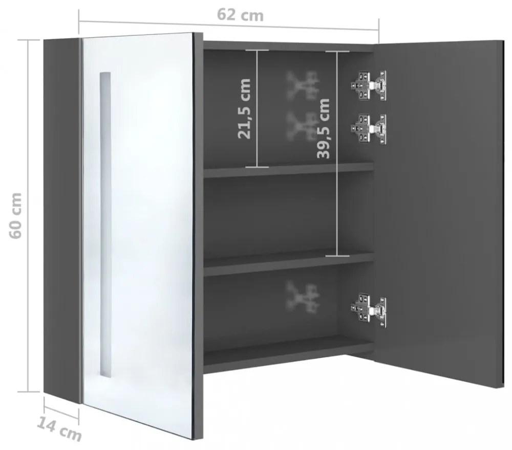 betonszürke LED-es tükrös fürdőszobaszekrény 62 x 14 x 60 cm