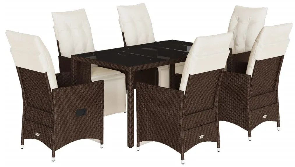 7 részes barna polyrattan kerti bisztrógarnitúra párnákkal