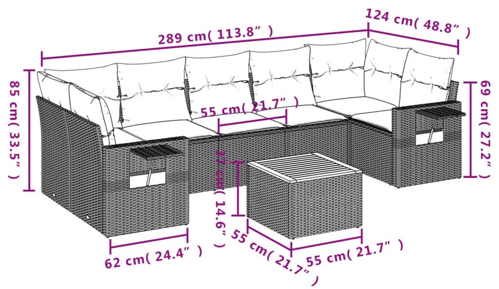 8 részes fekete polyrattan kerti ülőgarnitúra párnákkal