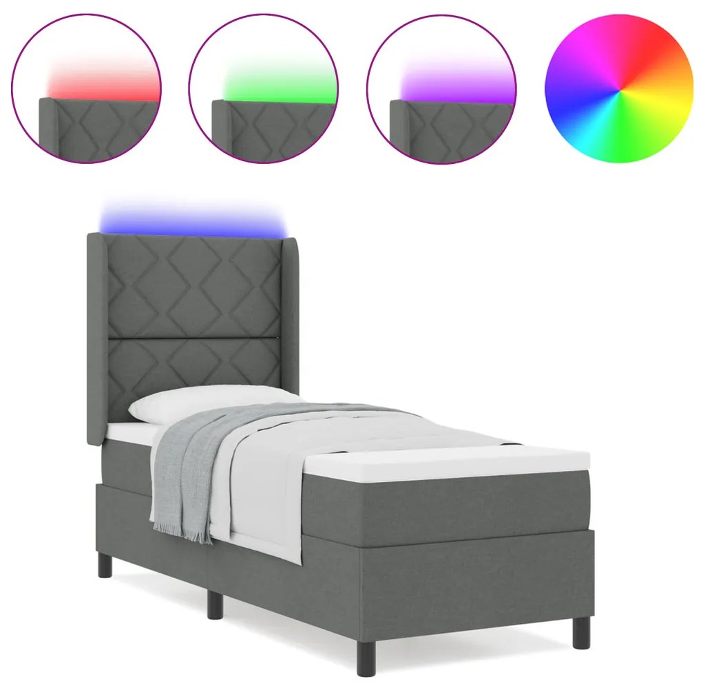 Boxspring Ágy Matraccal és LED-del Sötét Szürke 90x190 cm Szövet