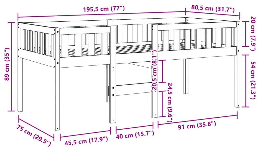 tömör fenyőfa gyerekágy matrac nélkül 75 x 190 cm