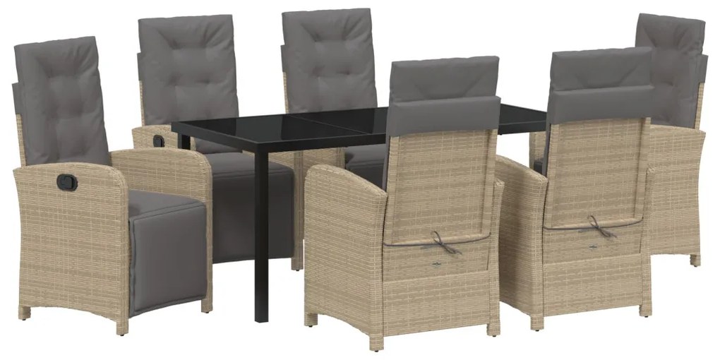7 Darabos Kerti Étkezősor Párnákkal Bézs Poli Rattan, Kerti Asztal Fekete 160x80x73 cm Edzett Üveg
