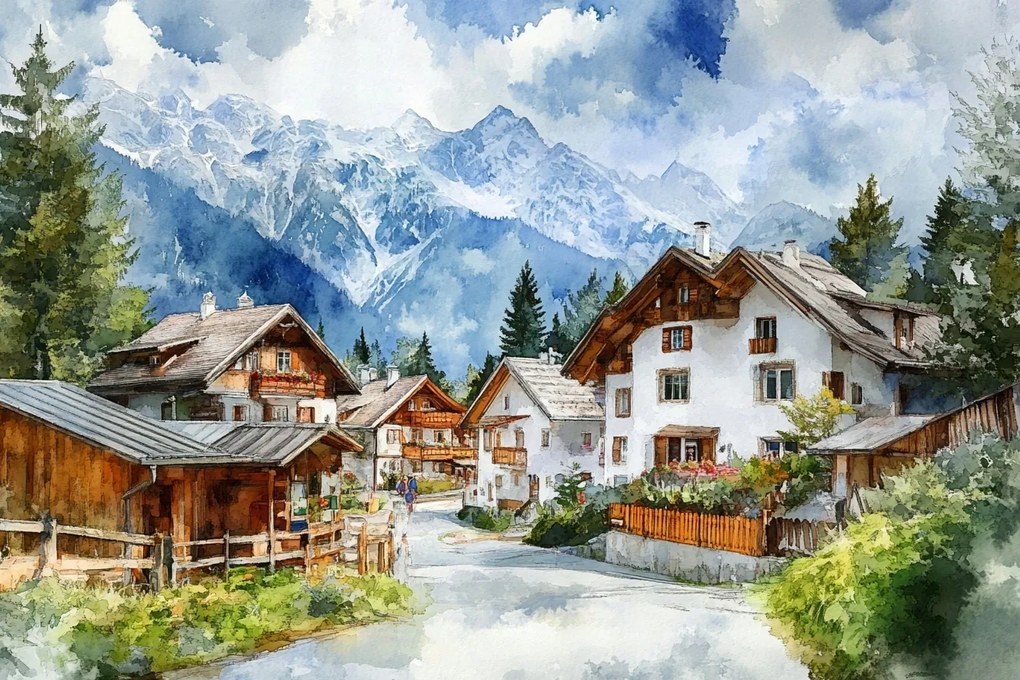 Vászonkép Canvas Tájkép Képeslap Alpok Város Hegyek Falu 120x80