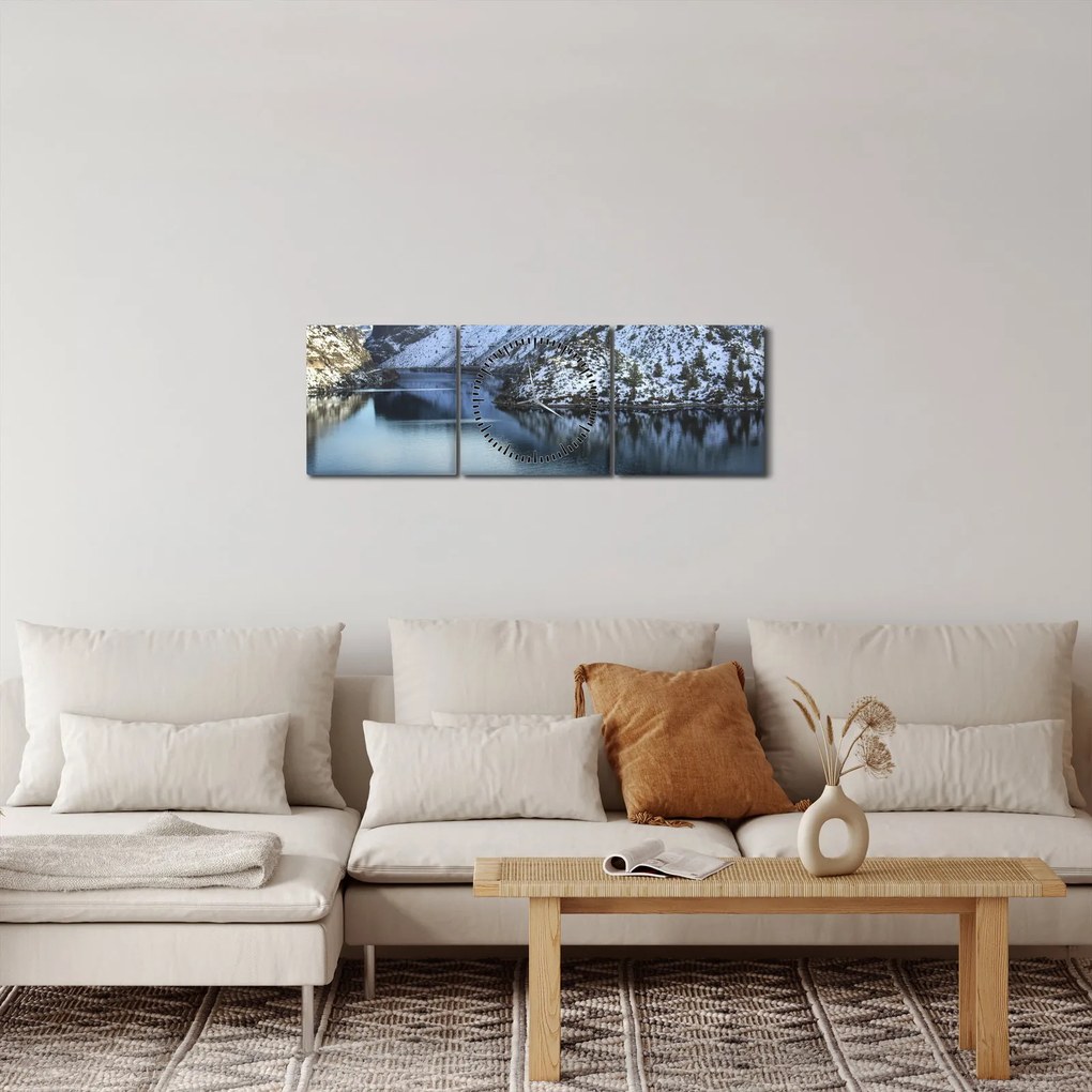 Kép - téli táj tóval (órával) (90x30 cm)