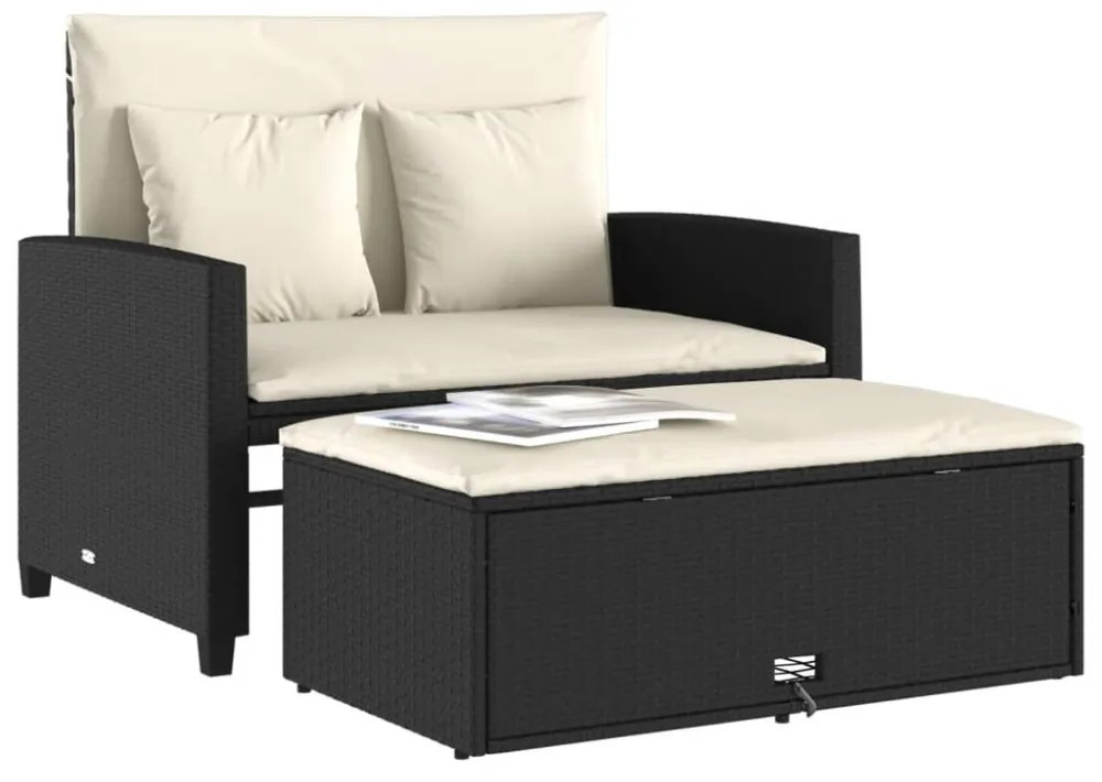 2 személyes fekete polyrattan kerti kanapé párnával