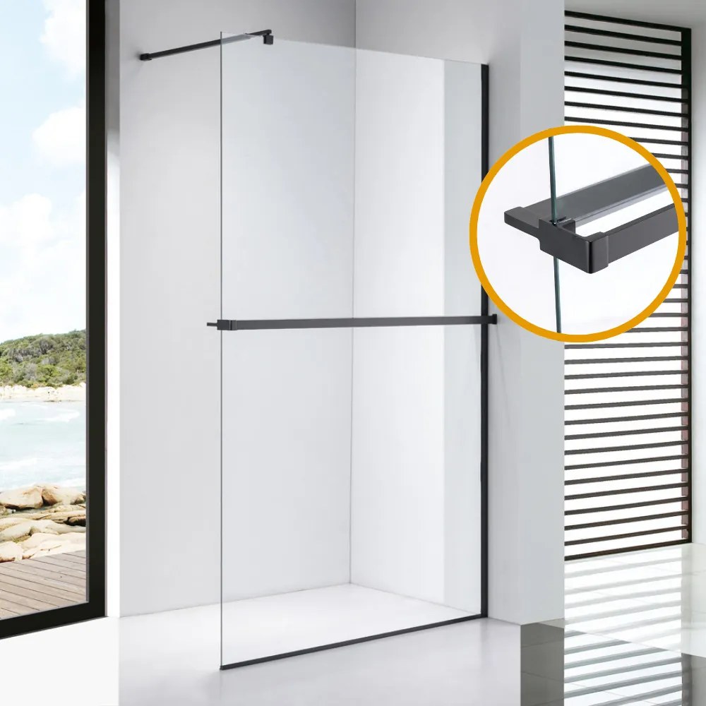 Stuxi Milano Plus Black Walk-in zuhanyfal, 70x200 cm, 8 mm vastag vízlepergető biztonsági üveggel, matt fekete profillal, távtartóval, polccal és törölközőtartóval