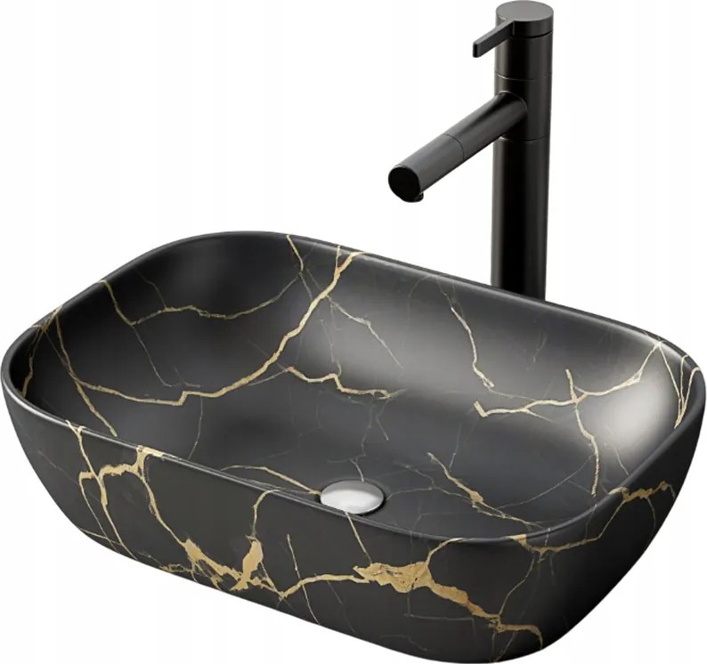 Mosdókagyló Fekete Matt Márvány Damilokkal Ovális Kerámia 46,5x33 CM