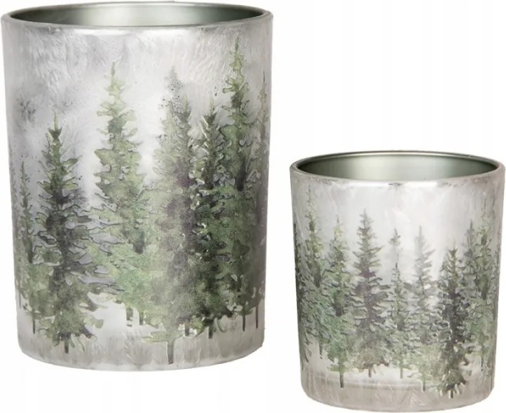 2 db-os gyertyatartó szett szürke üvegből, zöld tűlevelű fákkal 10x22 cm