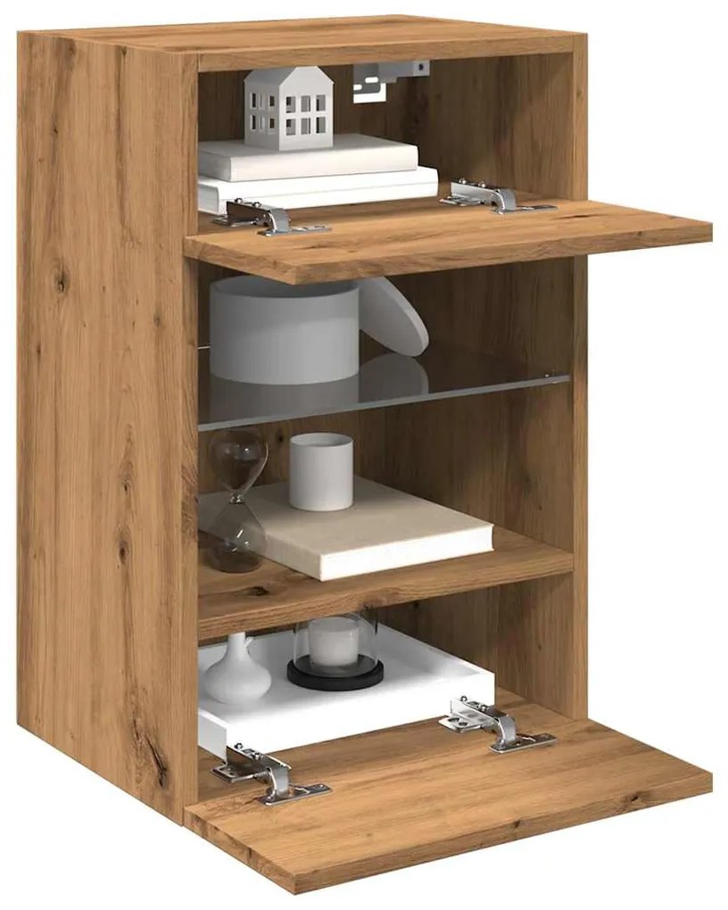 2 db kézműves tölgy színű fali szekrények LED világítással TV-hez 40x30x60,5cm