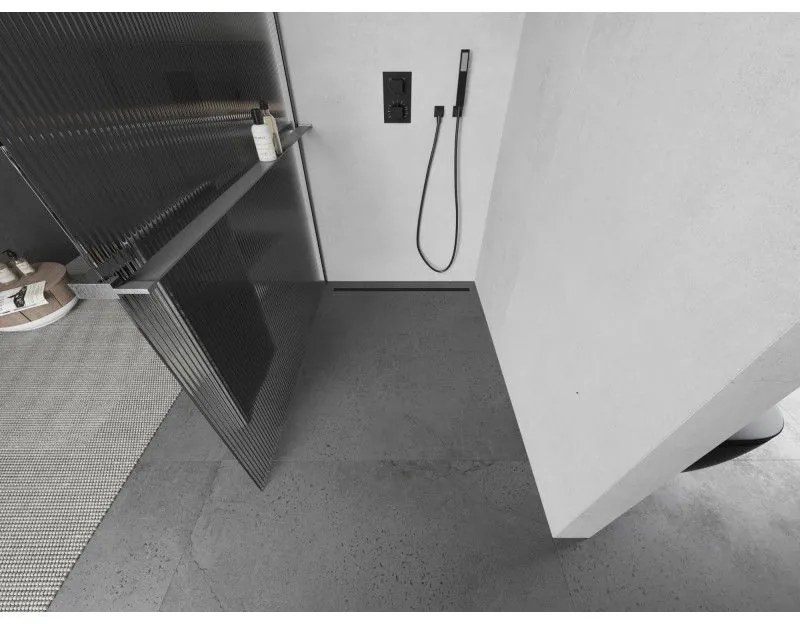 Mexen Kioto+, Walk-In zuhany paraván polccal és akasztóval 90 x 200 cm, 8 mm-es üveg bordás mintával, grafit profil, 800-090-121-66-09