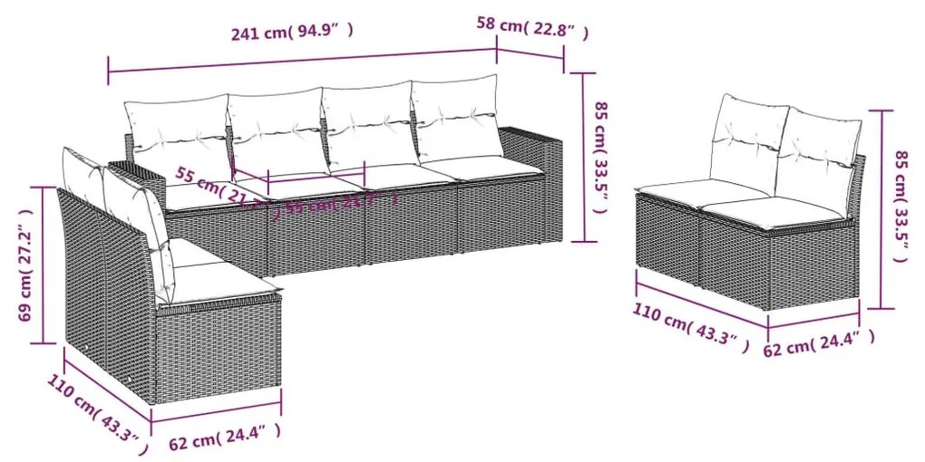 8 részes fekete polyrattan kerti ülőgarnitúra párnákkal