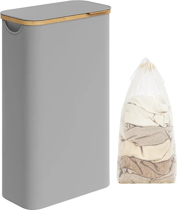 Szennyeskosár fedéllel, keskeny szennyestartó 65 L, 42 x 22,5 x 70,5 cm, galambszürke