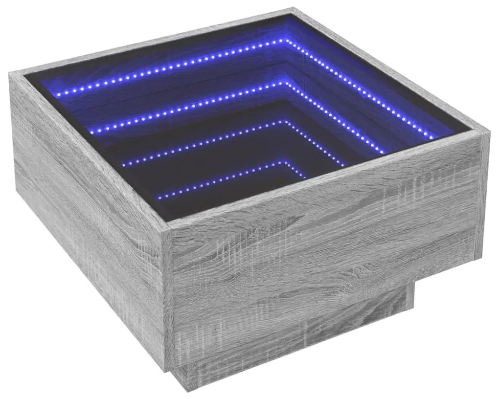 Szürke sonoma szerelt fa dohányzóasztal LED-del 50 x 50 x 30 cm