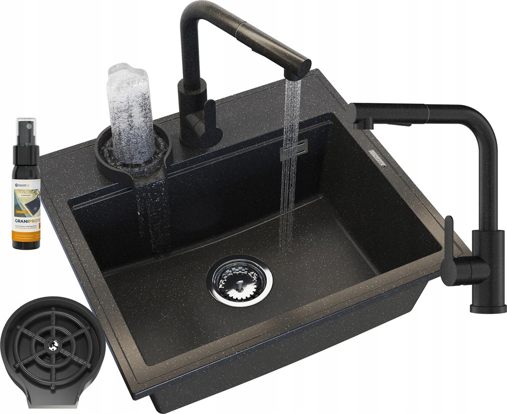 Gránit Mosogató Fekete Konyhai Csaptelep Mosó Szifon Szett Foxal