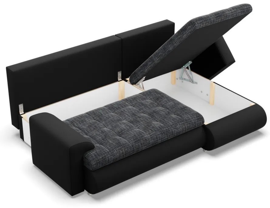 Tokio sarokkanapé, 2 ágyneműtartóval, fonott + műbőr, jobboldali, szürke - fekete