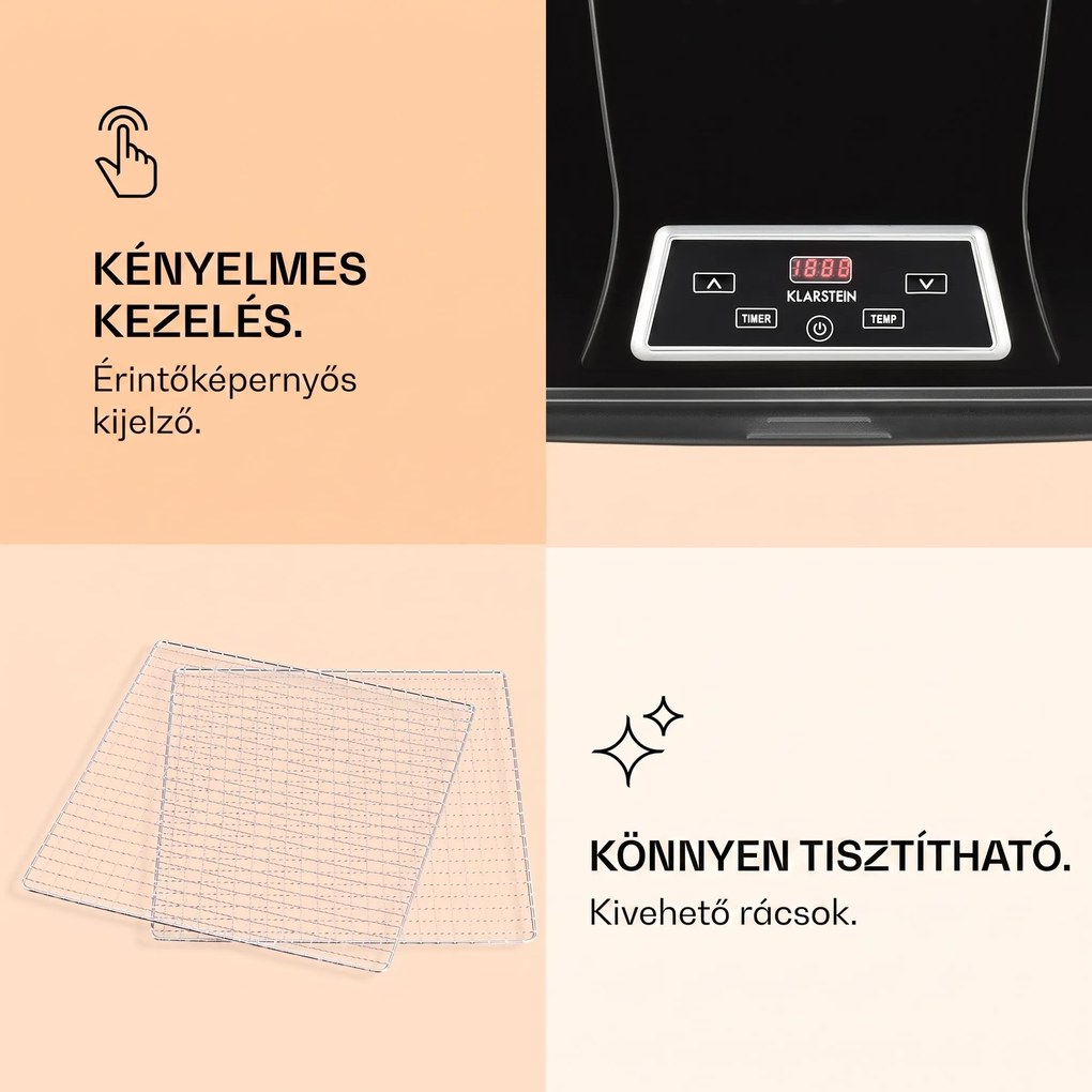 Klarstein Fruit Jerkyu Plus 9, aszalógép, 600-700 W, 35-70 °C, időzítő, 9 emelet