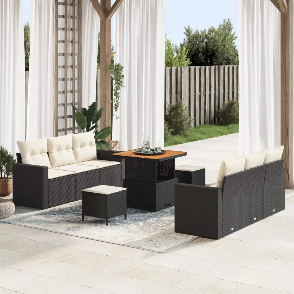 9 darabos kert sofa készlet párnákkal fekete poly rattan akácia, 3 darabos kert étkező készlet párnákkal fekete poly rattan akácia