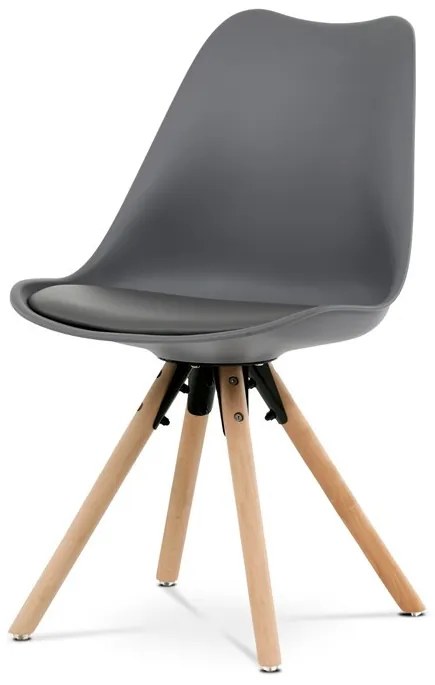 Étkezőszék, szürke műanyag, ülőfelület öko-bőr, lábak tömör natúr bükkfa