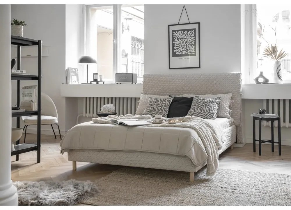 Bézs kárpitozott franciaágy ágyráccsal 140x200 cm Sleepy Luna – Miuform