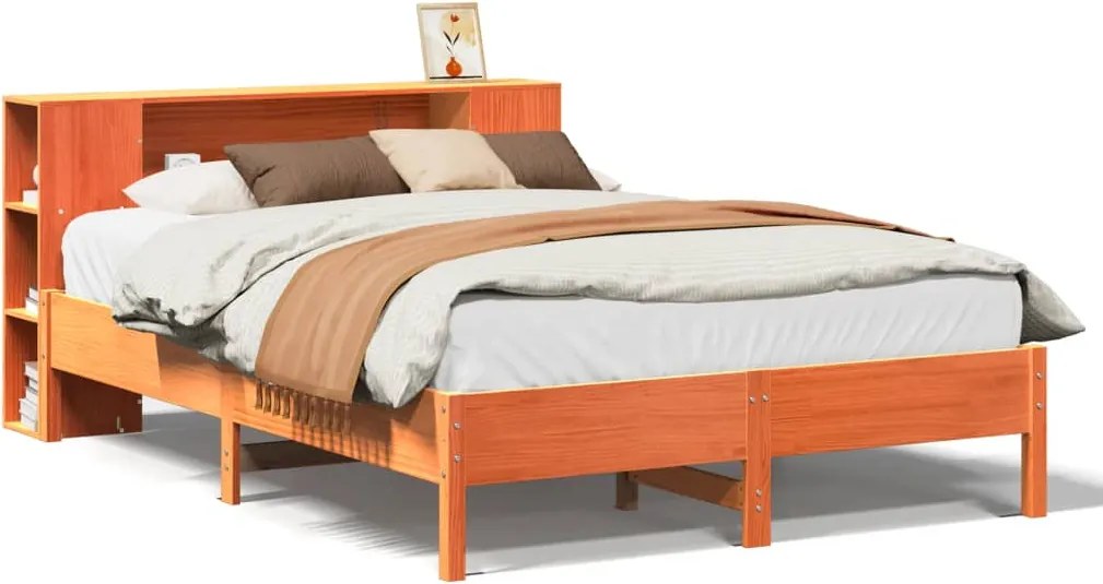 vidaXL barna tömör fenyőfa könyvespolcos ágy matrac nélkül 160 x 200cm