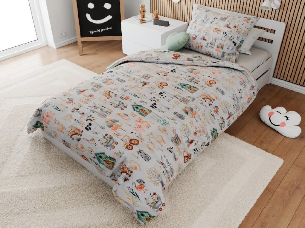 Pamut ágynemű bölcsőhöz HAPPY FARM fehér Ágyneműhuzat mérete: 45 x 65 cm | 90 x 135 cm