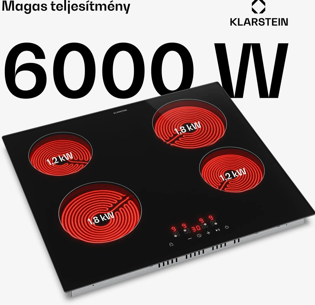 Klarstein Hito üvegkerámia főzőlap | 4 főzőzóna | 6000 W | 9 teljesítményfokozat | 60 cm