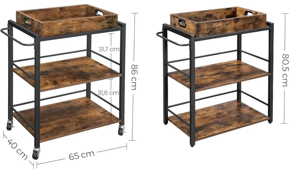 Konyhai tálaló kocsi, gurulós tároló polc, rusztikus barna 65x40x86cm