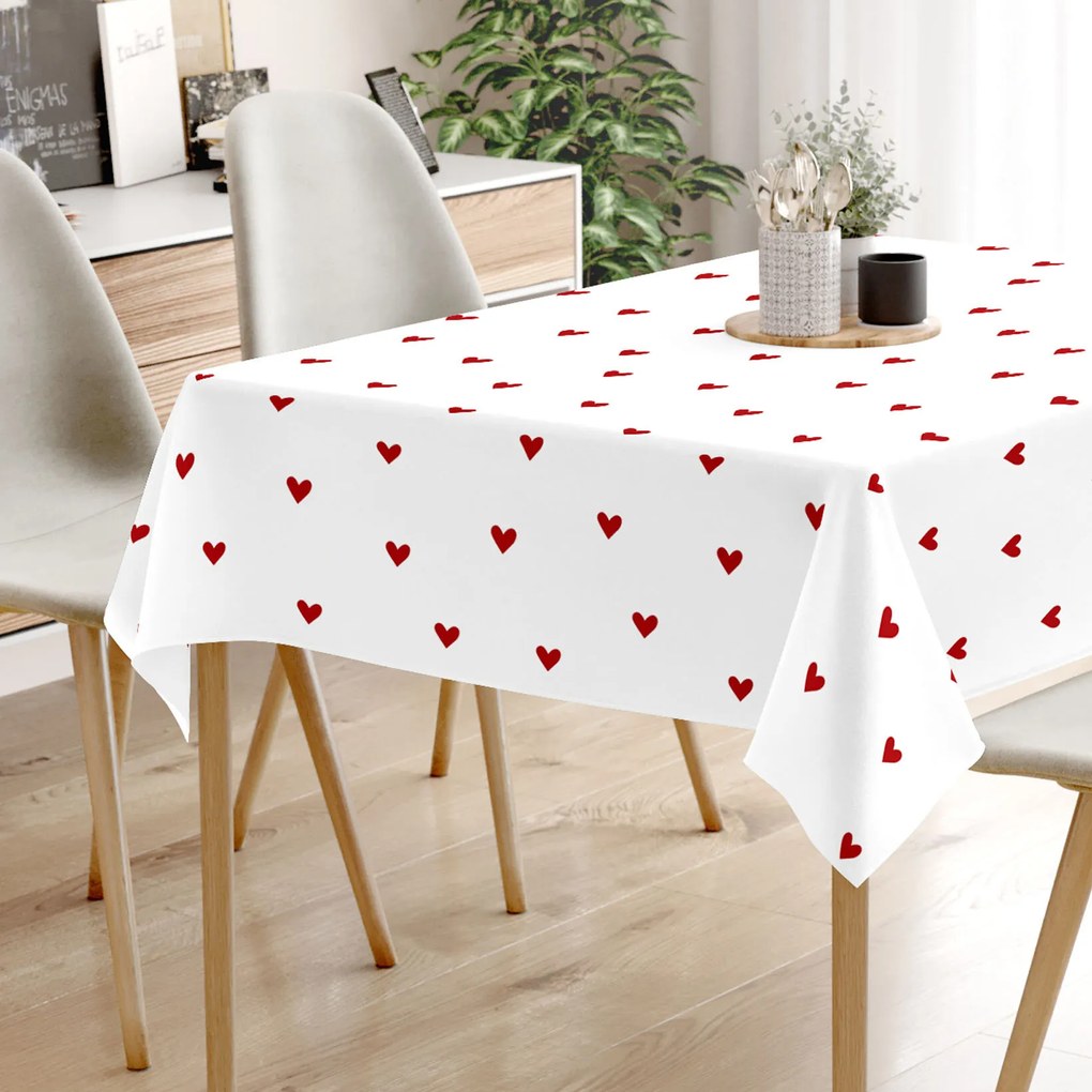 Goldea szögletes terítő 100% pamutvászon - piros szívecskék, fehér alapon 120 x 160 cm