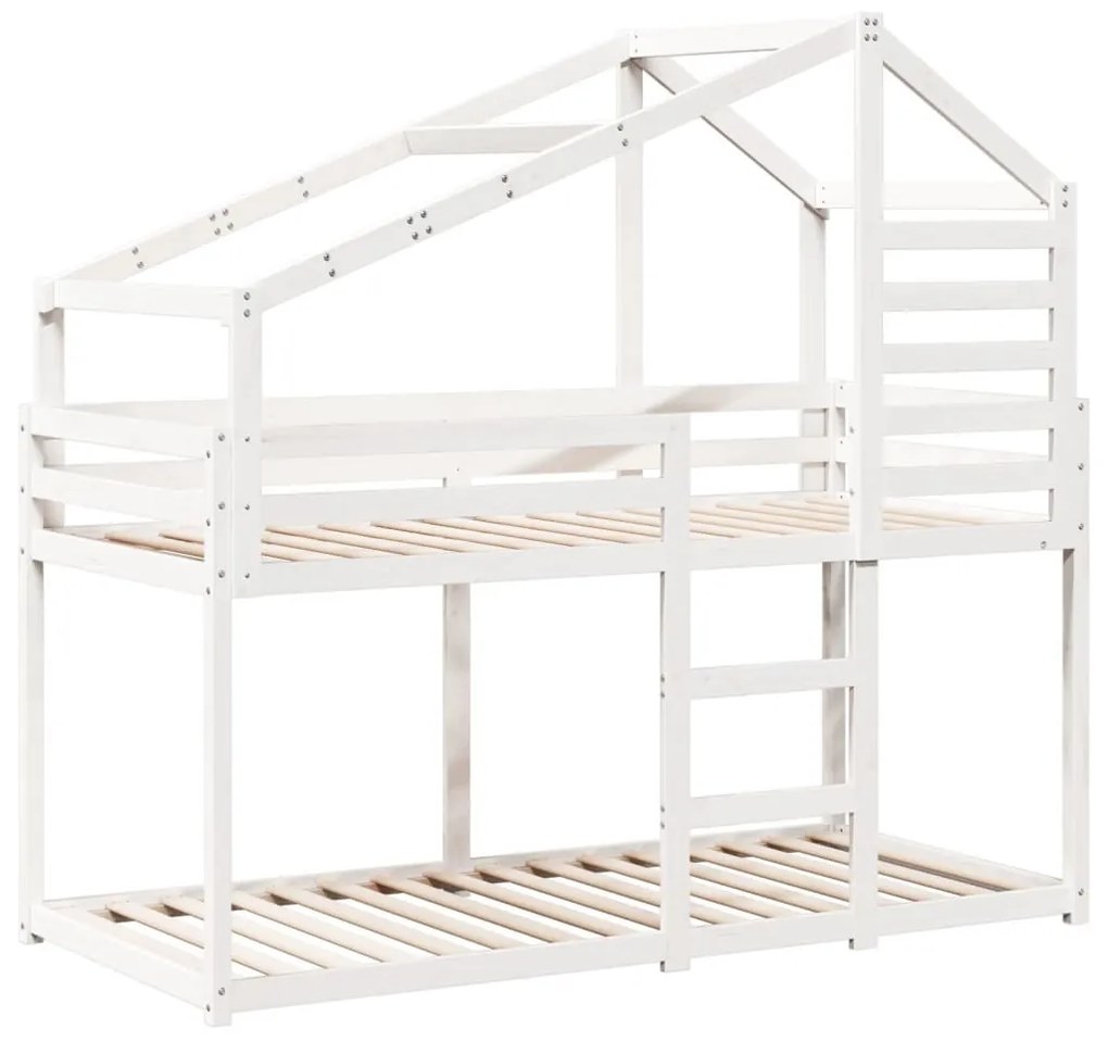 fehér tömör fenyőfa ágy emelettel és tetővel 80 x 200 cm