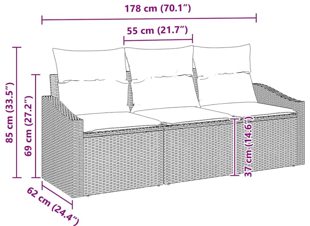Kanapé Szett párnával 3 pcs Bézs polirattan