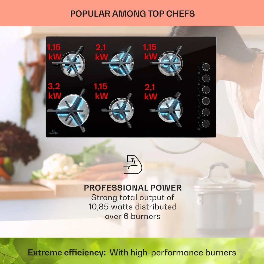 Klarstein Trifecta 6 gázfőzőlap, 6 égő, nagy, normál és kiegészítő égők, üvegkerámia