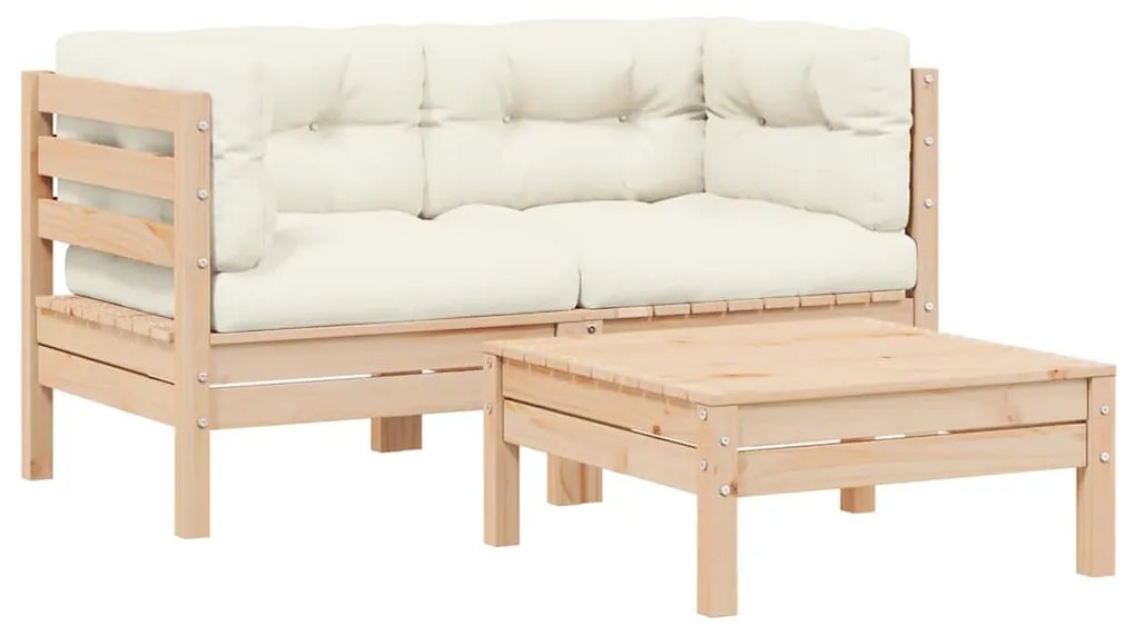 vidaXL 3 részes tömör fenyőfa kerti ülőgarnitúra krémszínű párnákkal