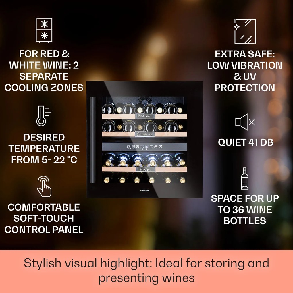 Klarstein Vinsider 36 Onyx Edition, borhűtő, 85 liter, 5 - 22 °C, 2 zóna