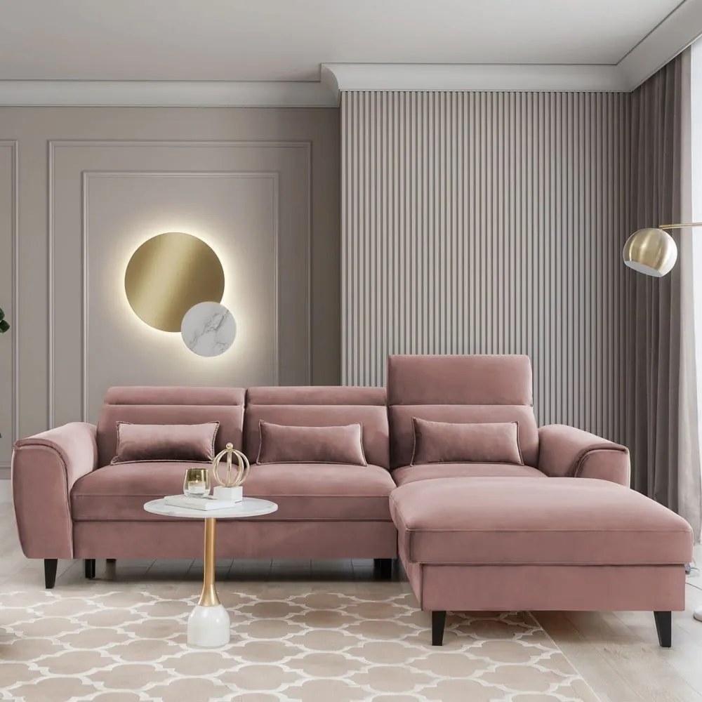 Rózsaszín bársony kinyitható-tárolóhelyes sarokkanapé (jobb oldali-heverő résszel) Foble – ELTAP