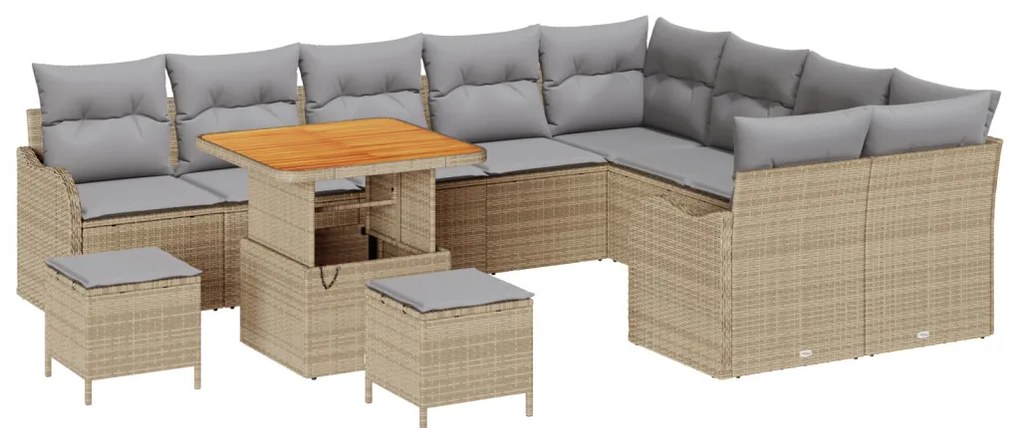 12 Darabos Kerti Kanapé Szett Párnákkal Bézs Poly Rattan Akácia