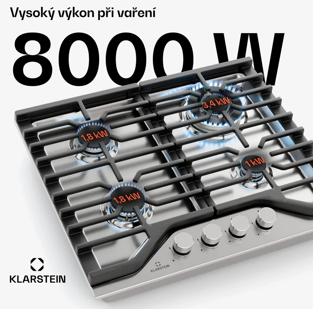 Klarstein Turbocast gáz főzőlap, 304 rozsdamentes acél, 4 égő, professzionális öntöttvas tartó, wok-égő