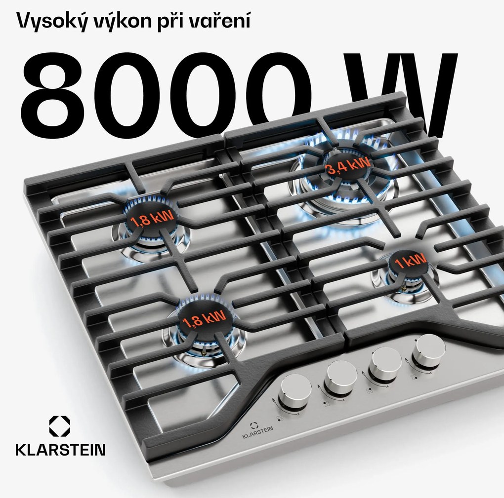 Klarstein Turbocast gázfőzőlap | 304 rozsdamentes acél | 4 égő | Profi öntöttvas tartó | Wok-égő