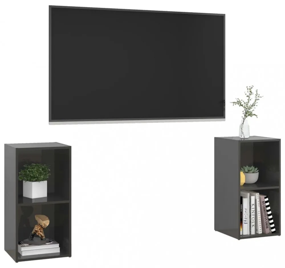 2 db magasfényű szürke szerelt fa TV-szekrény 72 x 35 x 36,5 cm