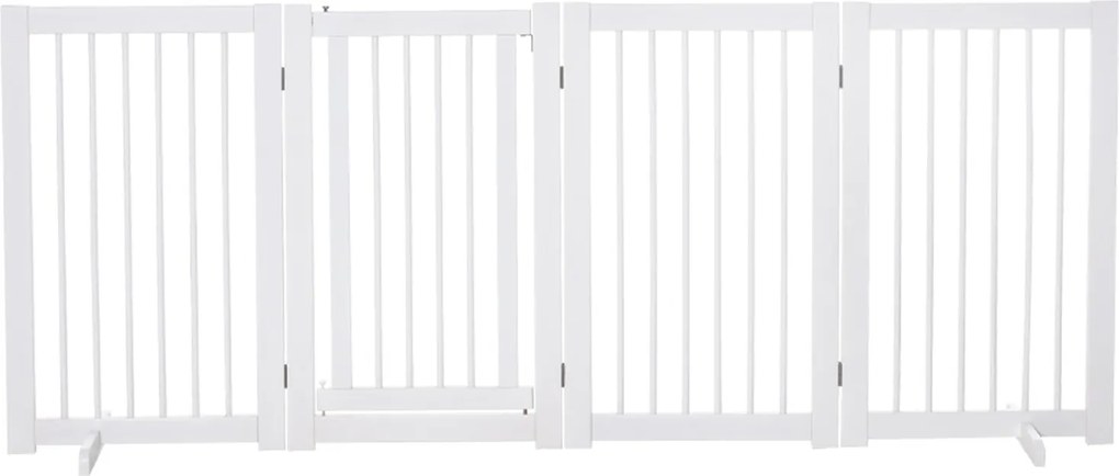 PawHut Szabadonálló Kutyakapu Talppal 220 x 91 cm Fa Pet Konyhai Védőkapu Lépcsőrács Ajtóvédő 4 Panelek, Fehér | Aosom
