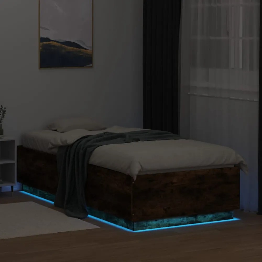 füstös tölgy színű szerelt fa ágykeret LED-del 100 x 200 cm