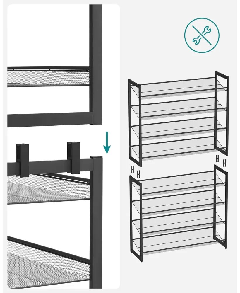 Cipőtartó polc 2x4 szintes fém háló polcokkal, fekete 92x30x163cm