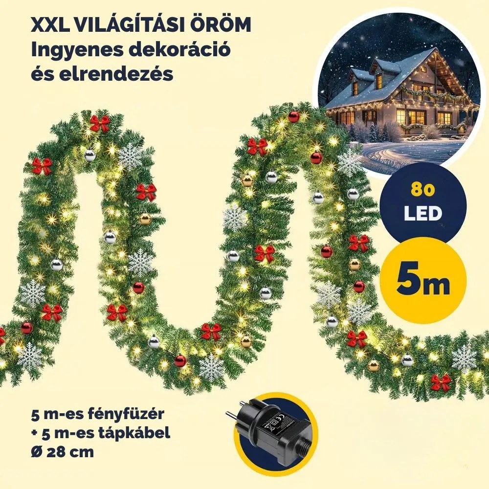 ANDREA karácsonyi girland távirányítós világítással, díszített, 5 m, zöld Casaria