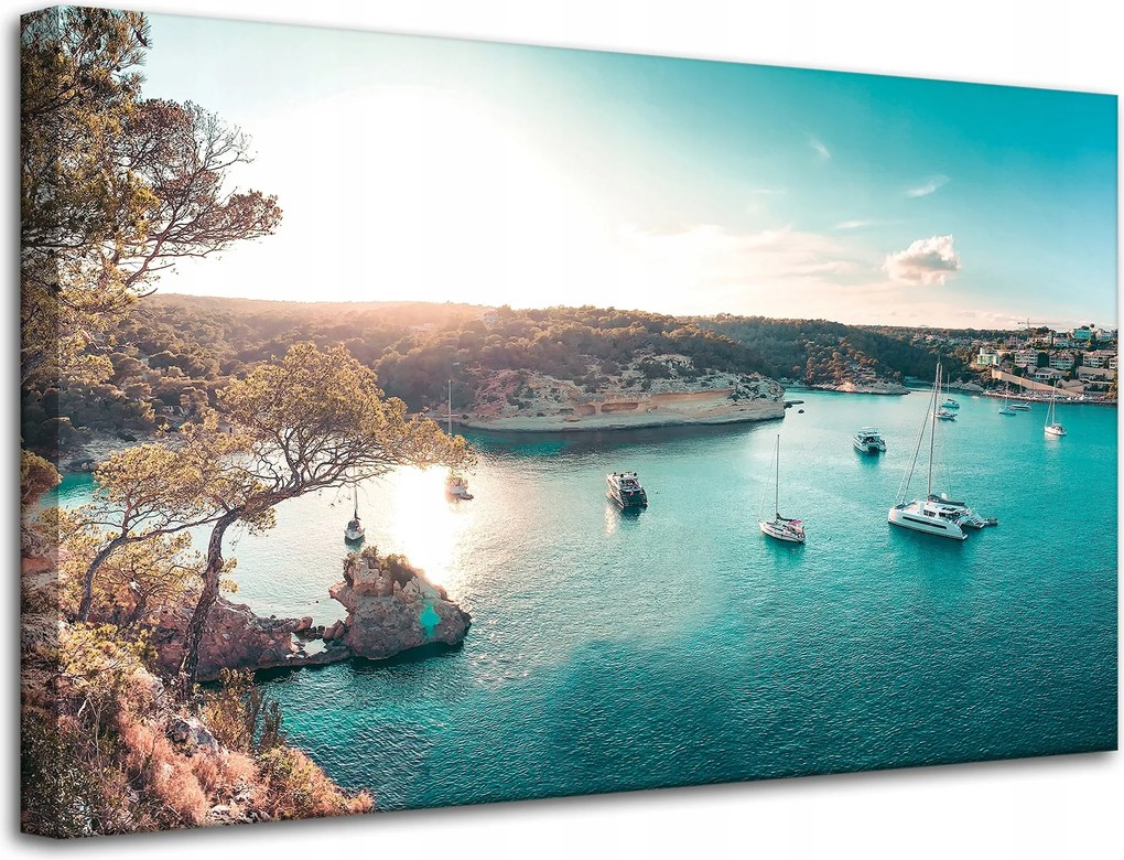 Vászonkép Víz a nap tükrében Csónakok Sziklák 80x50 cm