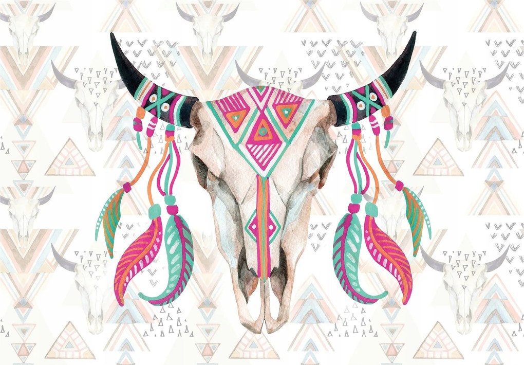 Tapéta Tehén koponya Törzsi toll minták etno-vinil 368x280 +ragasztó